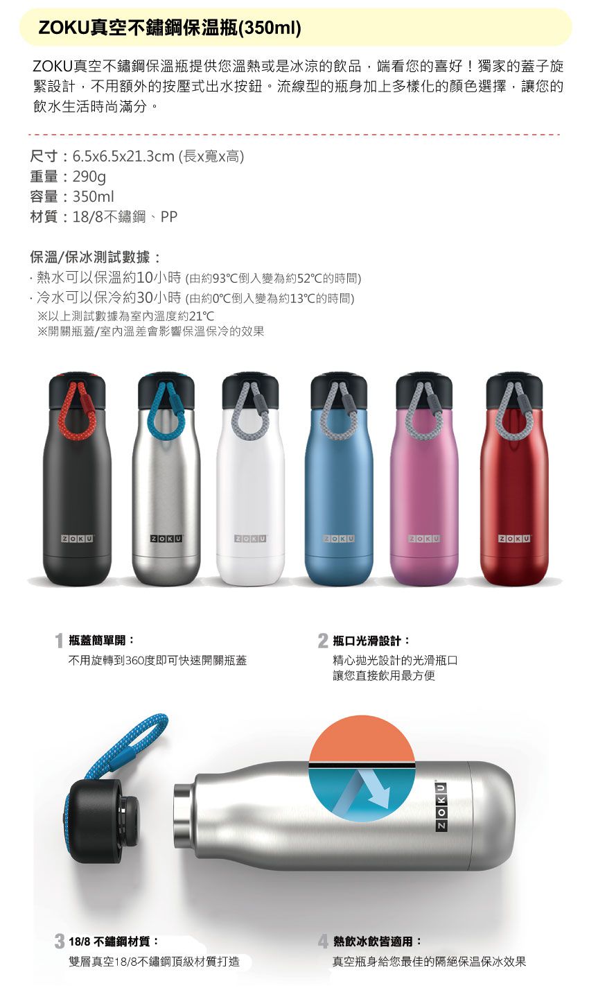 美國 ZOKU真空不鏽鋼保溫瓶 350ml 曜石黑2
