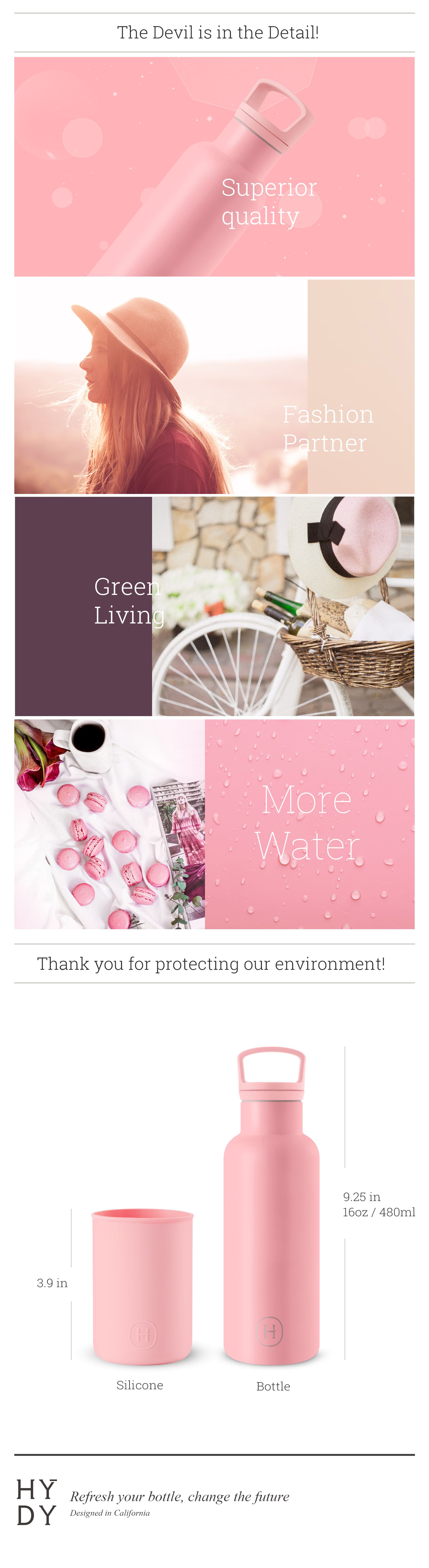 美國 HYDY 時尚不銹鋼保溫水瓶雙瓶組 金瓶海藻綠+玫瑰粉瓶太妃