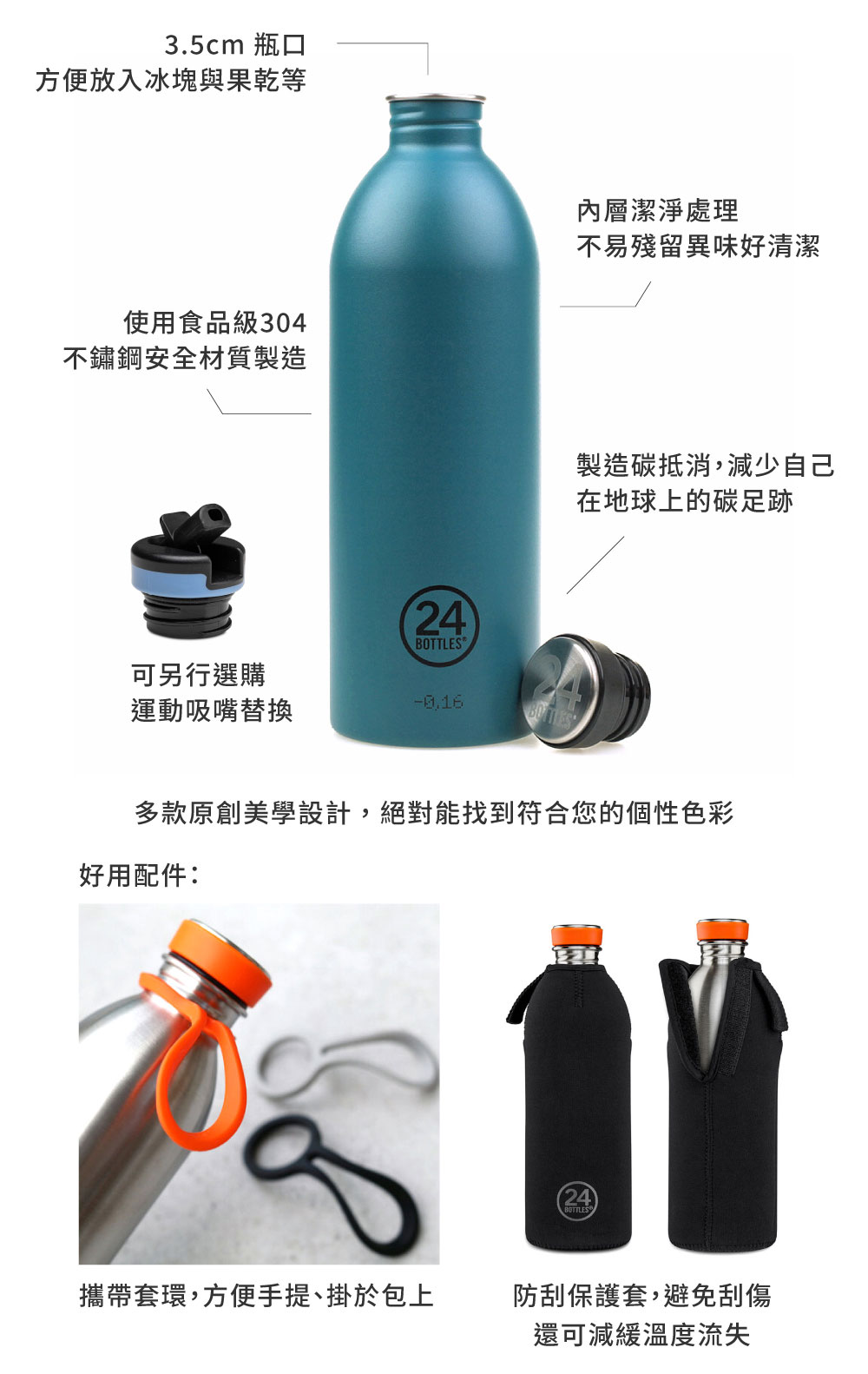 義大利 24Bottles 輕量冷水瓶 1000ml 細節