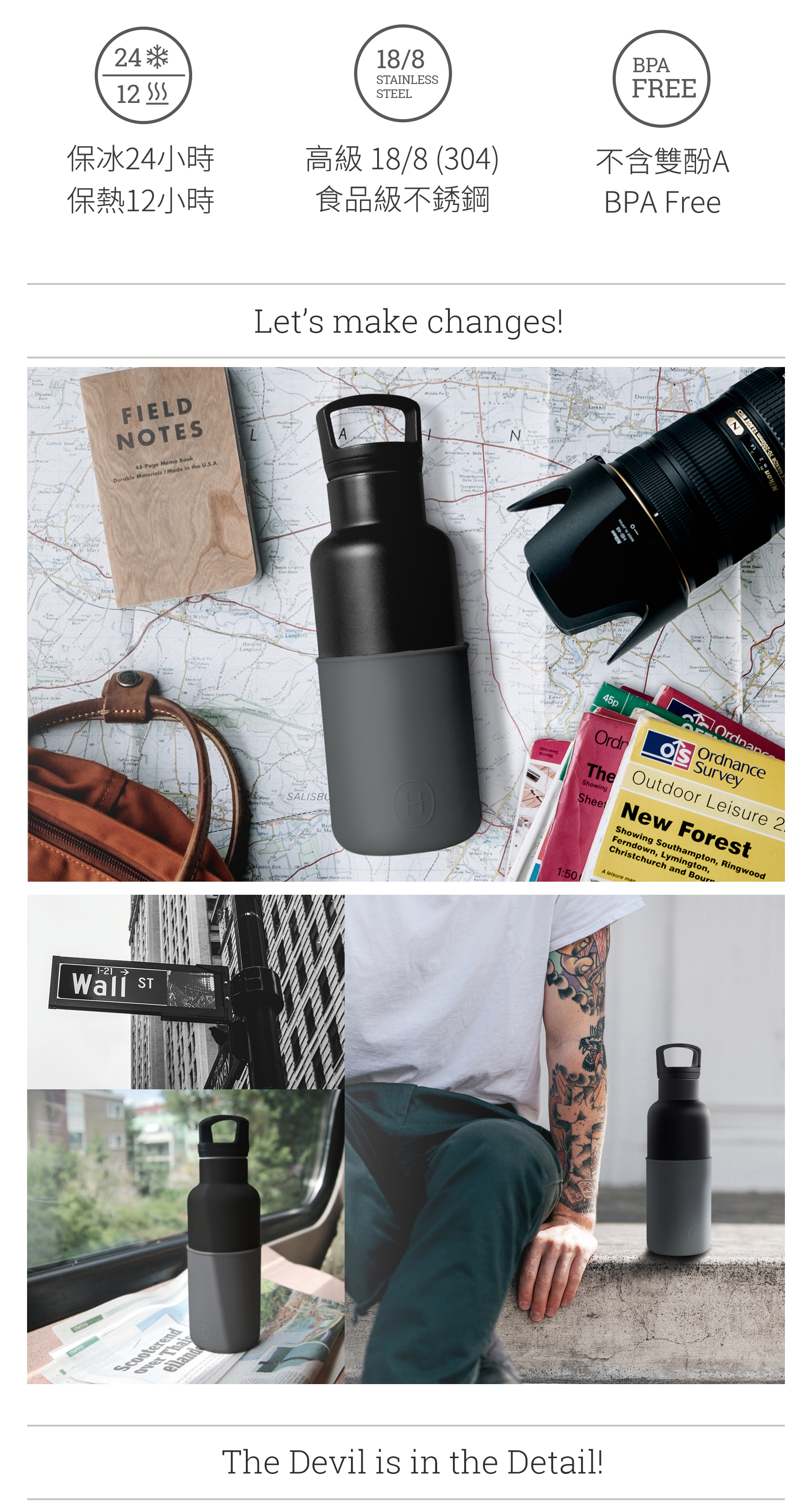 美國 HYDY 時尚不銹鋼保溫水瓶 480ml 黑瓶 (鐵灰)