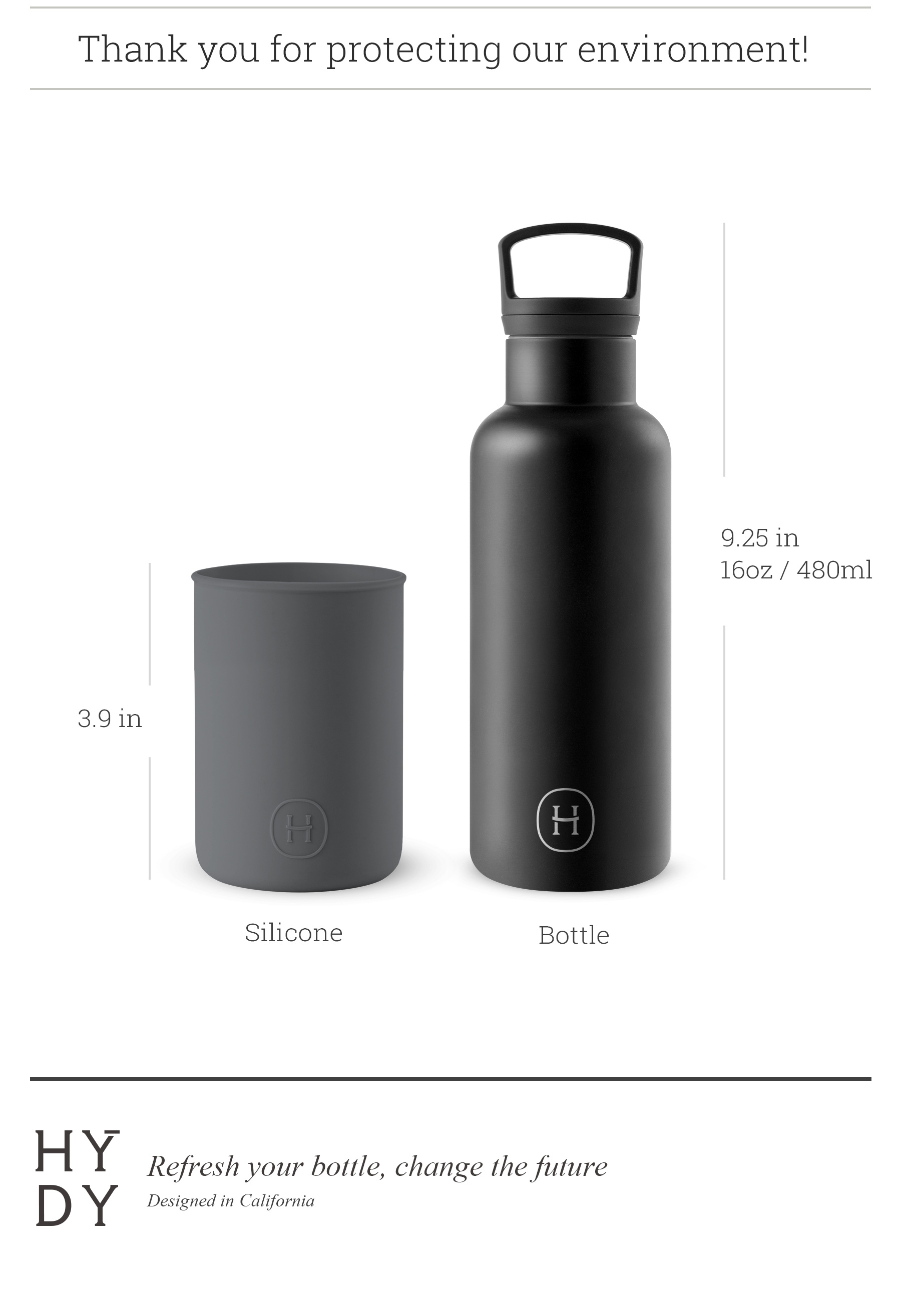 美國 HYDY 時尚不銹鋼保溫水瓶 480ml 黑瓶 (鐵灰)