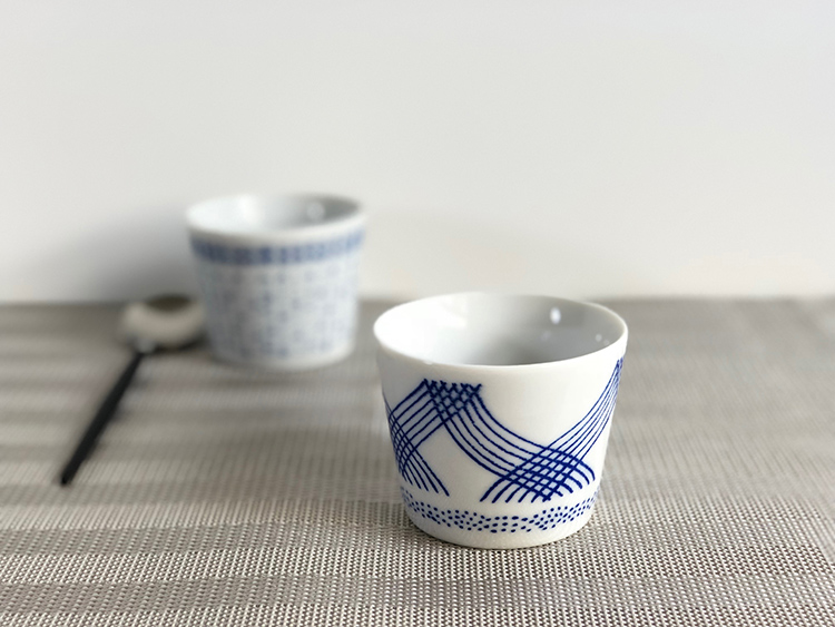 日本 美濃燒 藍格紋 茶杯 豬口杯
