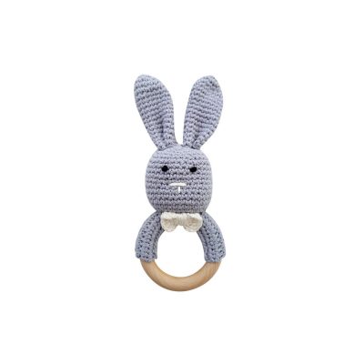 美國 Mali Wear 天然原木手工嬰幼兒兔兔造型手搖鈴固齒玩具 小灰兔款
