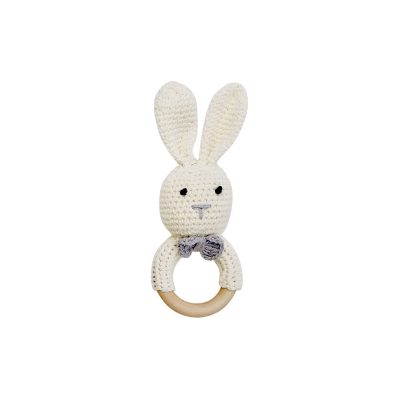 美國 Mali Wear 天然原木手工嬰幼兒兔兔造型手搖鈴固齒玩具 小白兔款