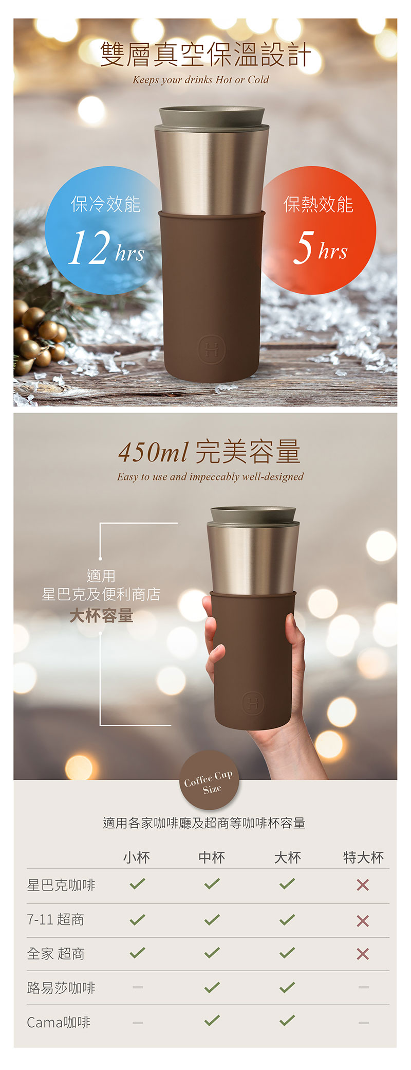 美國 HYDY 兩用隨行保溫杯 450ml 冷杉杯 (摩卡)