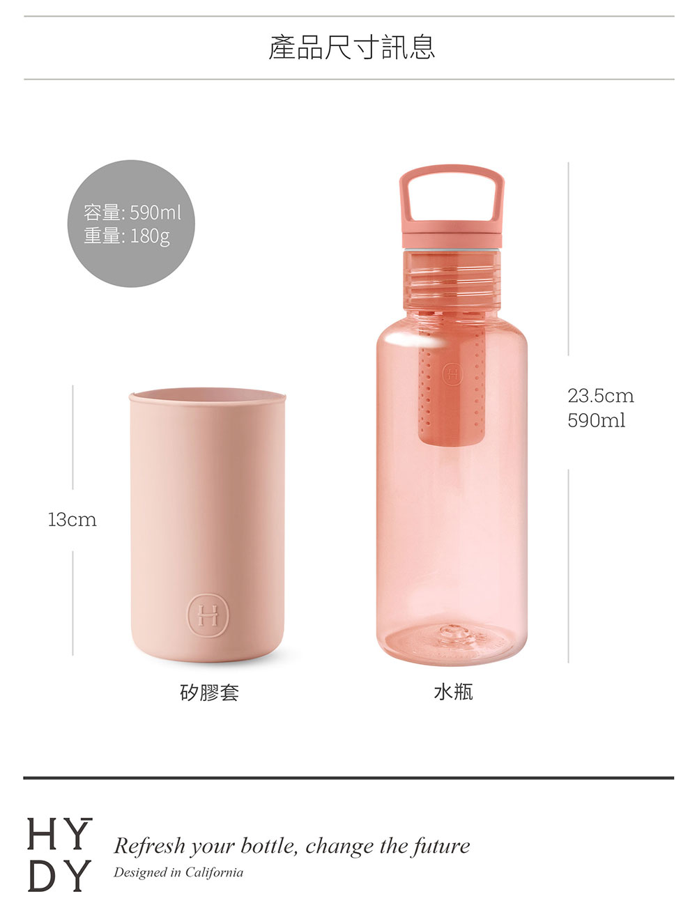 美國 HYDY 輕靚系列 透明冷水瓶 590ml 桃橘瓶 (拿鐵)