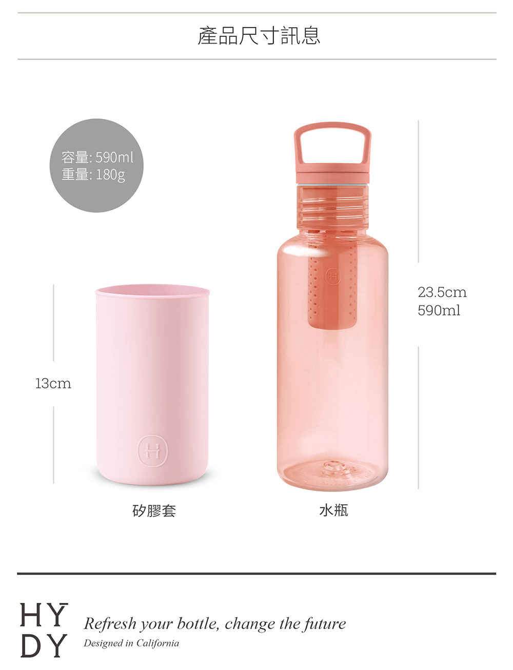 美國 HYDY 輕靚系列 透明冷水瓶 590ml 桃橘瓶