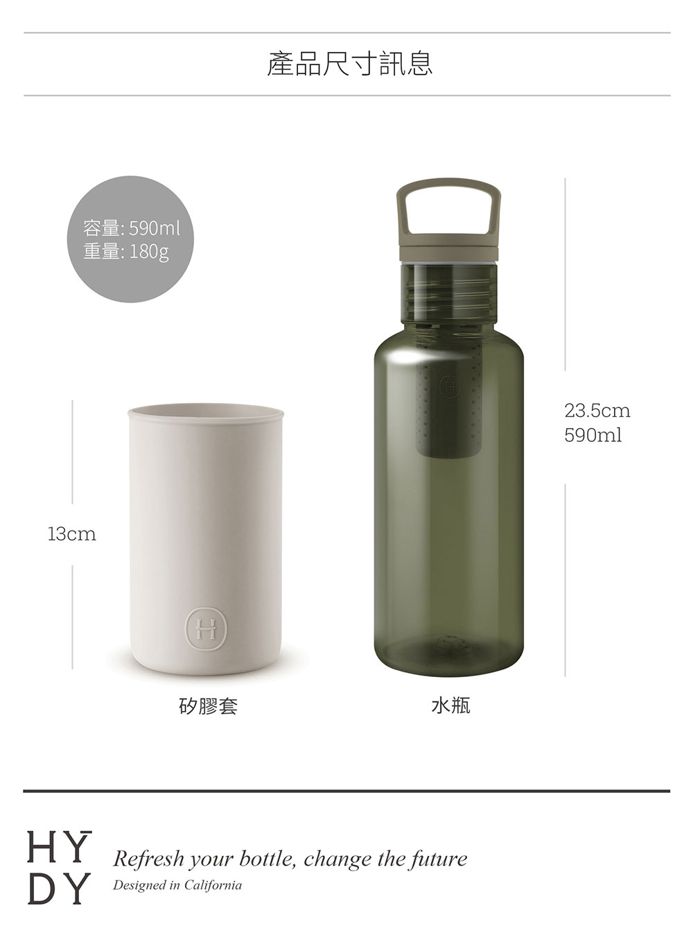 美國 HYDY 輕靚系列 透明冷水瓶 590ml 森綠瓶 (尤加利)