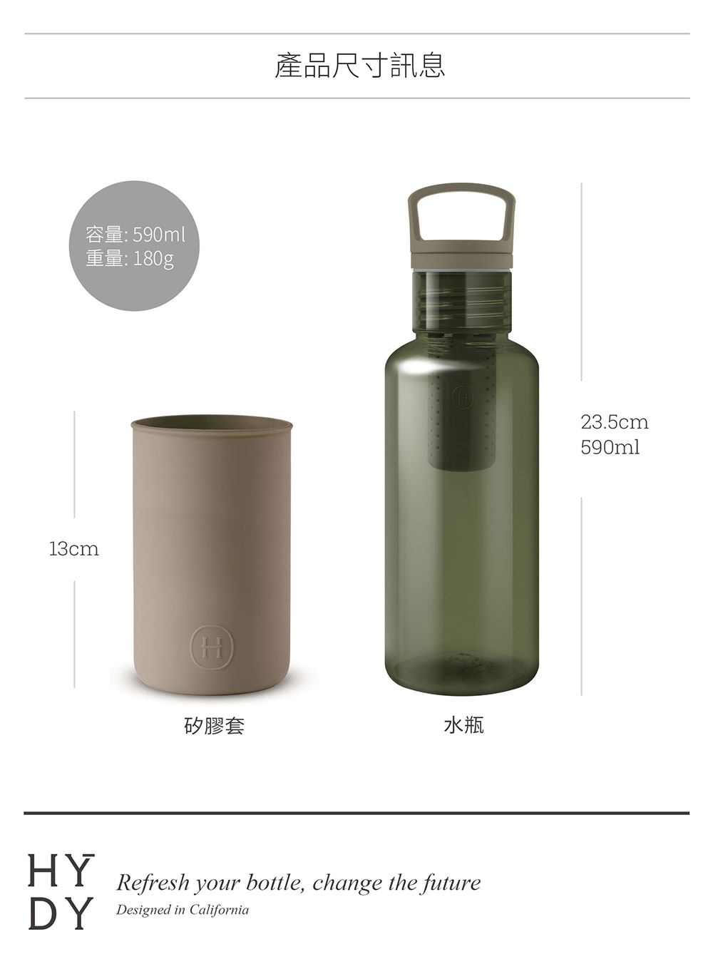 美國 HYDY 輕靚系列 透明冷水瓶 590ml 森綠瓶 (荒野)