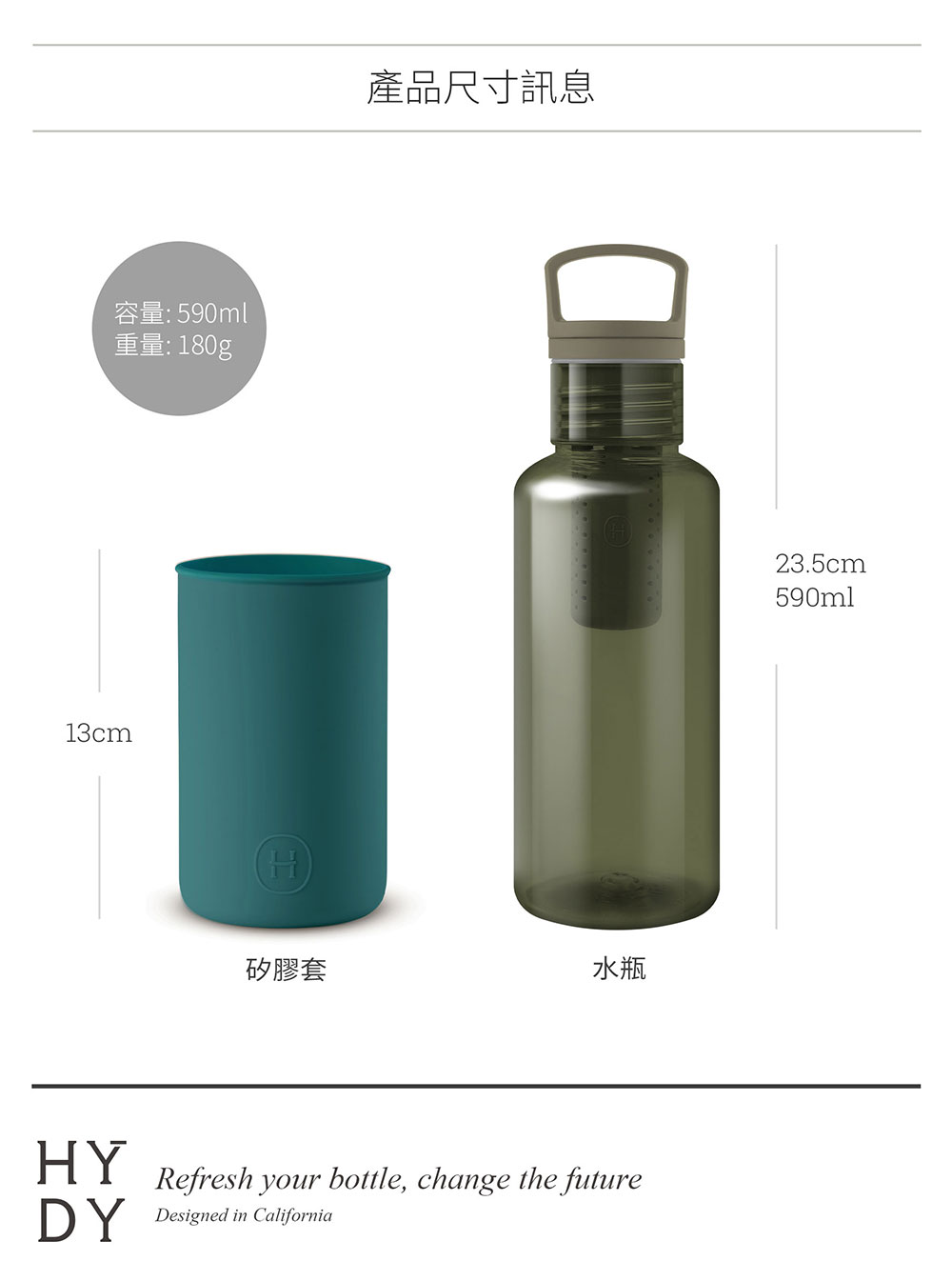 美國 HYDY 輕靚系列 透明冷水瓶 590ml 森綠瓶 (孔雀綠)