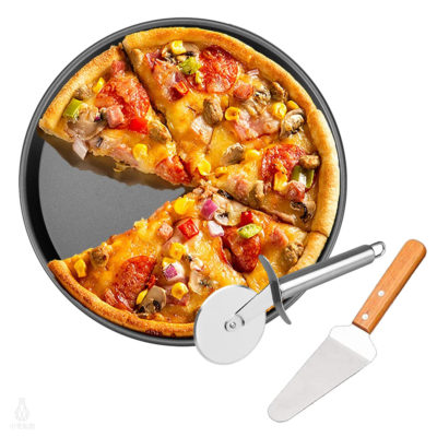 turk 專業用Pizza烤盤刀鏟三件組 (烤盤+滾輪刀+木柄披薩鏟)