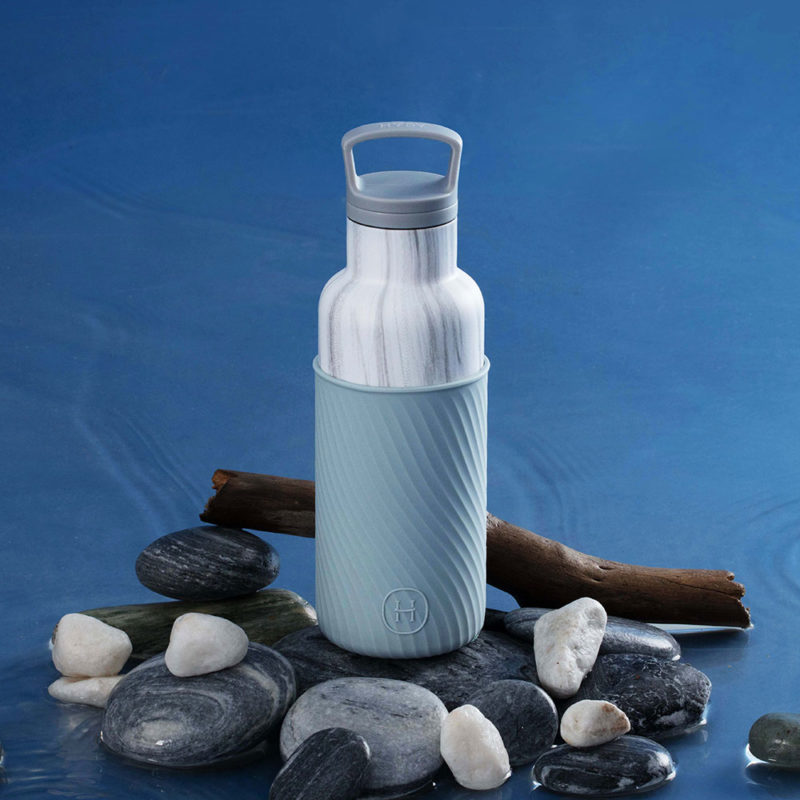 美國 HYDY 時尚不銹鋼保溫水瓶 480ml 水波紋矽膠套 大理石紋瓶 (積雲)