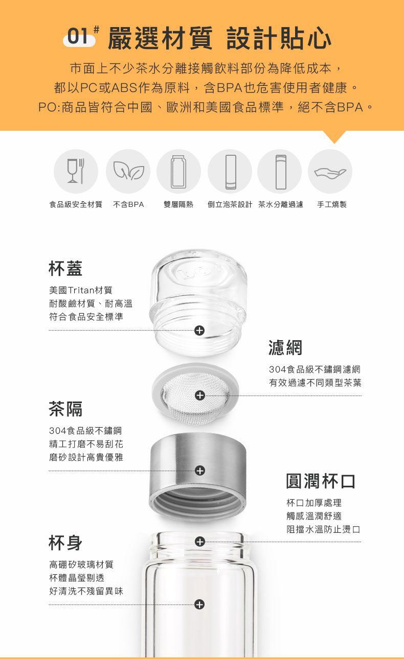 PO:Selected 攜帶式雙層玻璃泡茶杯 200ml (水晶)