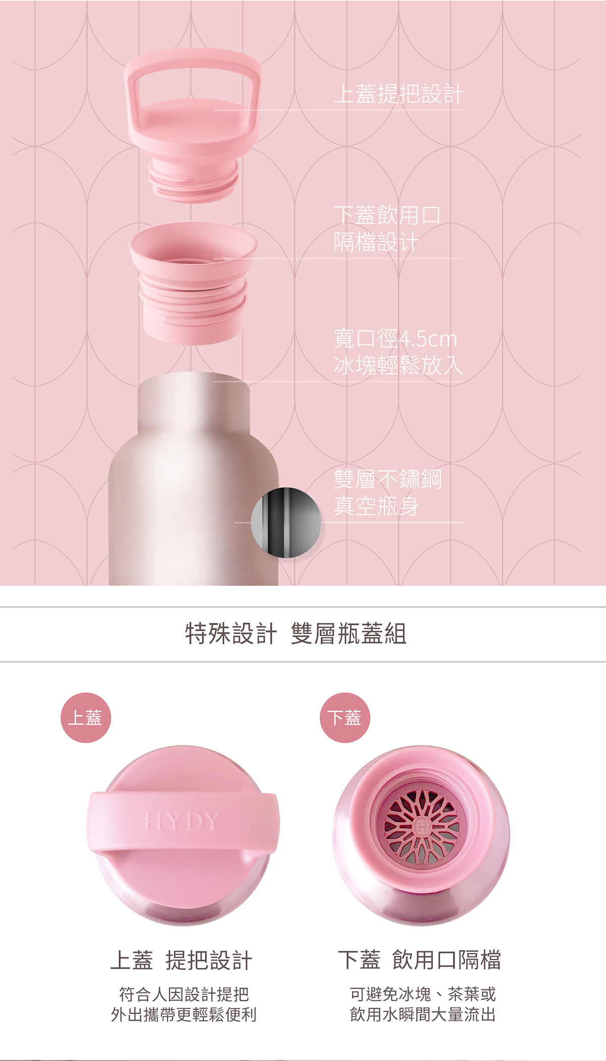 美國 HYDY 時尚保溫水瓶 480ml 水波紋矽膠套 珠光粉瓶 (櫻花粉)