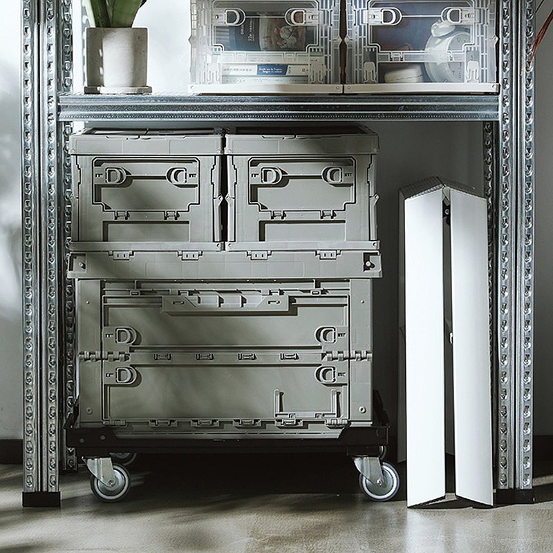 800x0-3+1 日本霜山 工業風耐重摺疊收納箱三件套組 (1大箱+2小箱) 附滑輪托盤架