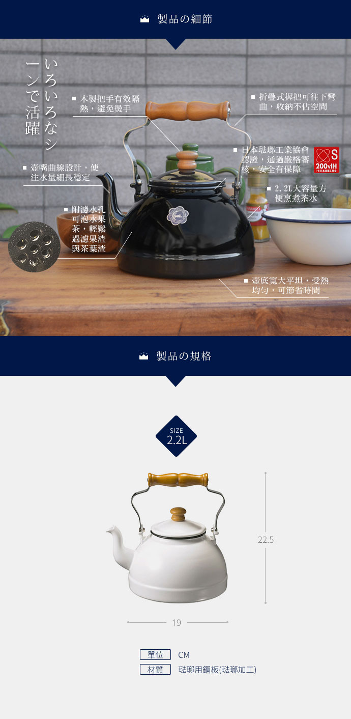 日本 月兔印 原木柄琺瑯茶壺 2.2L 規格