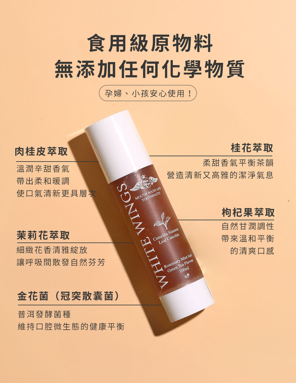 White Wings 白色翅膀 綠茶兒茶素潔牙液 100ml 成分