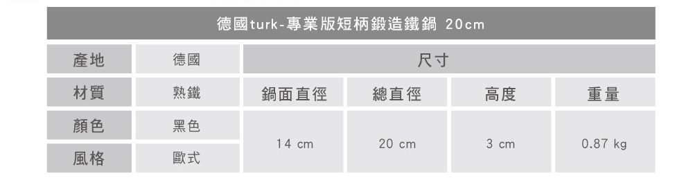 turk 專業版短柄熱鍛造鐵鍋 20cm