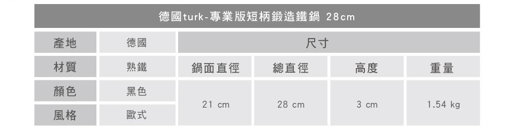 turk 專業版短柄熱鍛造鐵鍋 28cm