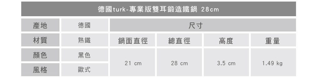 turk 專業版雙耳熱鍛造鐵鍋 28cm