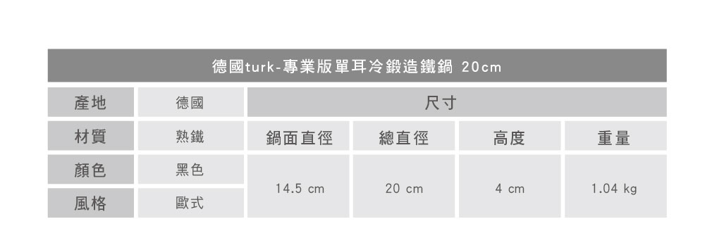 turk 專業版單耳冷鍛造鐵鍋 20cm