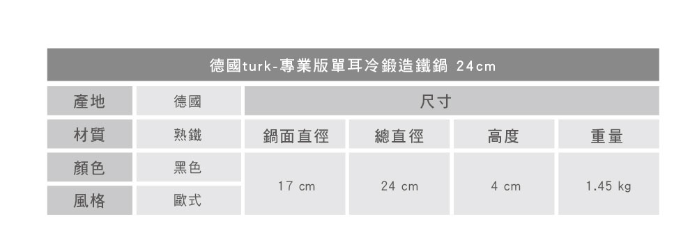 turk 專業版單耳冷鍛造鐵鍋 24cm