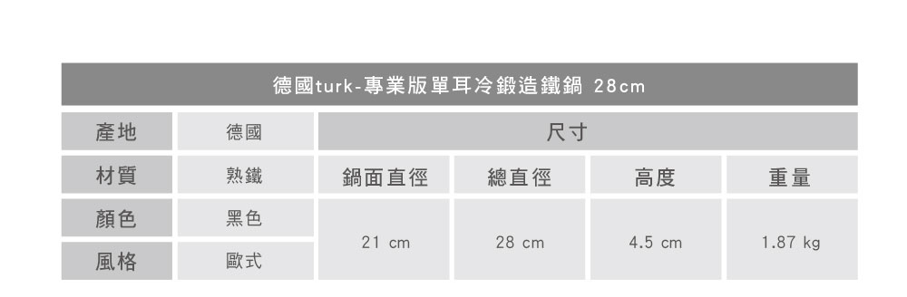 turk 專業版單耳冷鍛造鐵鍋 28cm