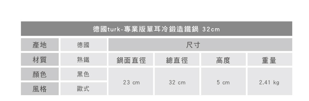 turk 專業版單耳冷鍛造鐵鍋 32cm